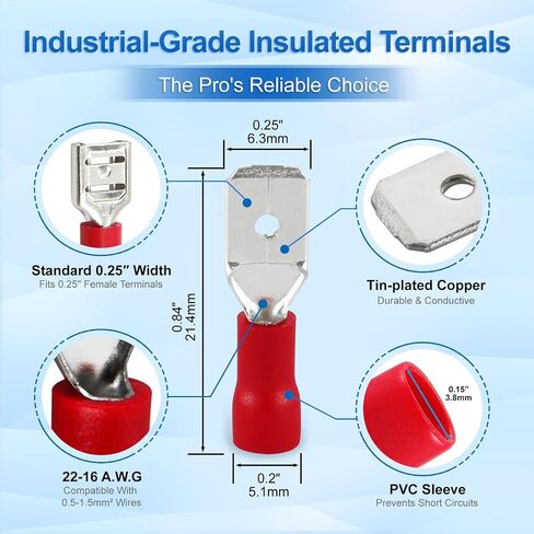 Baomain Male Quick disconnects Vinyl Insulated Spade Wire Connector Electrical Crimp Terminal 22-16AWG 6.3mm Red Pack of 100 in Saudi Arabia