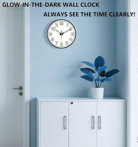 Glow in The Dark Wall Clock, 8" Silent Non-Ticking Wall Clocks Battery Operated, Large Easy Read Numbers Tempered Glass Night Light Analog Clock for Bedroom Living Room Kitchen Office, White in Saudi Arabia