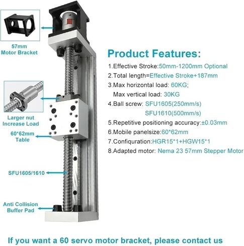 شريحة كهربائية الجدول 60 مم محور المحرك الخطي الدليل الكهربائي مدفوعة الكرة المسمار NEMA23 57 مم دليل خط السكة الحديد الخطية الشريحة SFU1605/1610 (950mm SFU1605) in Kuwait