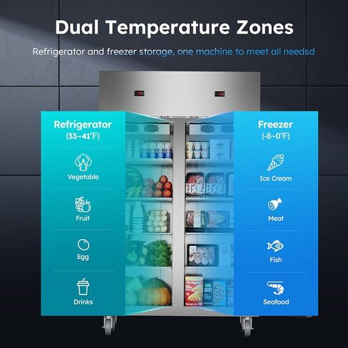 48" W Commercial Refrigerator Freezer Combo,2 Temperature Zones 38 Cu.ft Industrial Fridge and Freezer Combo,All Stainless Steel Design,8 Adjustable Shelves,Pure Copper Compressor,Built-in LED Light in Kuwait