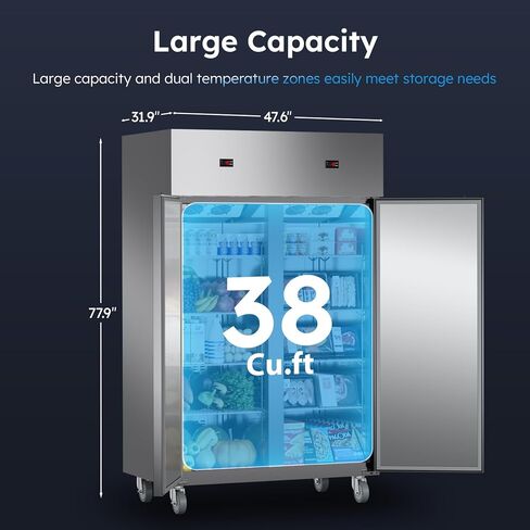 48" W Commercial Refrigerator Freezer Combo,2 Temperature Zones 38 Cu.ft Industrial Fridge and Freezer Combo,All Stainless Steel Design,8 Adjustable Shelves,Pure Copper Compressor,Built-in LED Light in Kuwait