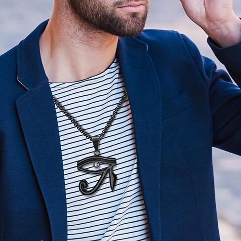 CZ 3D Eye of Horus Egyptian Protection Coptic Ankh Cross Pendant Stainless Steel Necklace For Men, 24 Inch Chain Eye of Providence/ All-Seeing-Eye/Blue Evil Eye Jewelry Gift in Kuwait