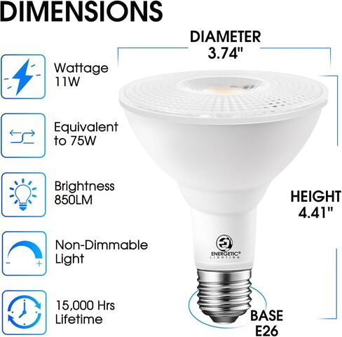 Energetic PAR30 2-Pack Dusk to Dawn LED Outdoor Flood Light Bulb, 75 Watt Equivalent(11W), 850LM, 5000K Daylight, E26 Base, Automatic On/Off Sensor Light Bulb for Porch, Hallway, ETL Listed in Kuwait