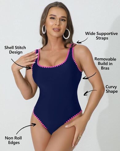 Women's One Piece Swimsuit Slimming Tummy Control Shell Stitched Bathing Suit High Cut Scoop Neck Swimwear in Kuwait