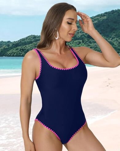 Women's One Piece Swimsuit Slimming Tummy Control Shell Stitched Bathing Suit High Cut Scoop Neck Swimwear in Kuwait