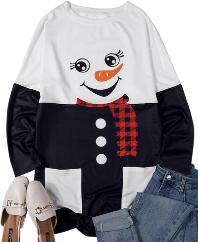Mousya Women Dress Dress Shirt Christmas Tops Long Sleeve Tops Santa Print Pullover فضفاضة زائد الحجم بلوزة مع جيوب in Saudi Arabia