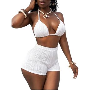 Women's 2 Piece Textured High Waisted Bikini Sets Halter Triangle Bathing Suit with Boyshorts in Saudi Arabia