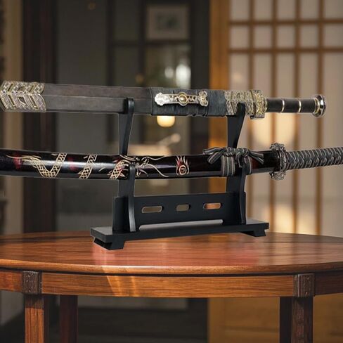 Katana Stand Sword Stand Staph Desktop Wooden Lightsaber حامل ، رف Cosplay Samurai Sword Cosplay (أسود ، مستويات واحدة) in Kuwait