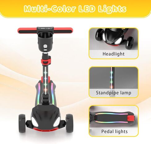 Electric Scooter for Kids Ages 3-12, 3 Adjustable Heights, Foldable & LED Display, Thumb Throttle, 5MPH Safe Speed, 60min Riding, Headlight & Standpipe lamp & Pedal Lights, Kids Gifts in Saudi Arabia