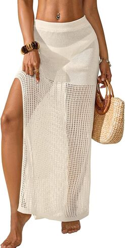 Womens Crochet Knit Elastic Waist Beach Dress 2026 Summer Outfits Side Slit Bathing Suit Cover Up Maxi Skirt in Kuwait