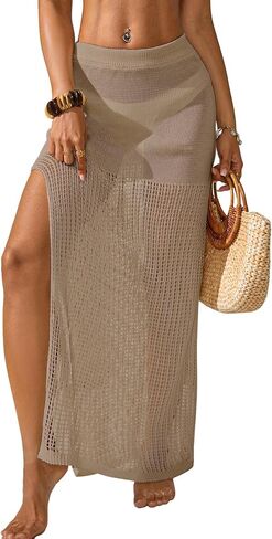 Womens Crochet Knit Elastic Waist Beach Dress 2026 Summer Outfits Side Slit Bathing Suit Cover Up Maxi Skirt in Kuwait