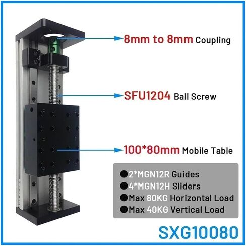 80mm Width Double Rail Sliding Table X-Y Z Axis Ball Screw Linear Guide Table SFU1204/1605/1610 80KG Load 4 Sliders(SFU1204 100x80 Table,350MM) in Saudi Arabia