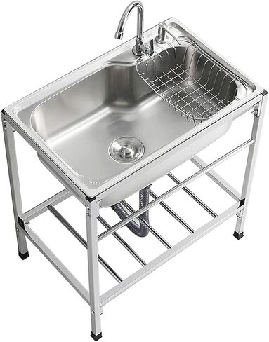 Outdoor Garden Sink Single Trough For Washing, Small Stainless Steel Utility Kitchen Hand Basin Station Sink Tub with Storage Shelve and Faucet, for Restaurant, Bar, Laundry, Garage, Backyard(54*40*75 in Saudi Arabia