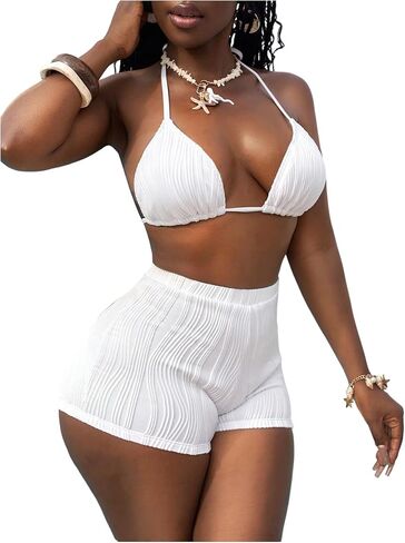 Women's 2 Piece Textured High Waisted Bikini Sets Halter Triangle Bathing Suit with Boyshorts in Saudi Arabia