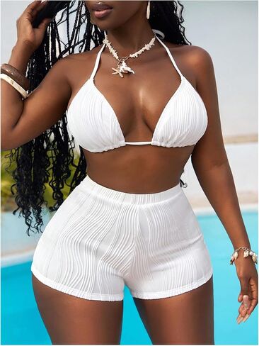 Women's 2 Piece Textured High Waisted Bikini Sets Halter Triangle Bathing Suit with Boyshorts in Saudi Arabia