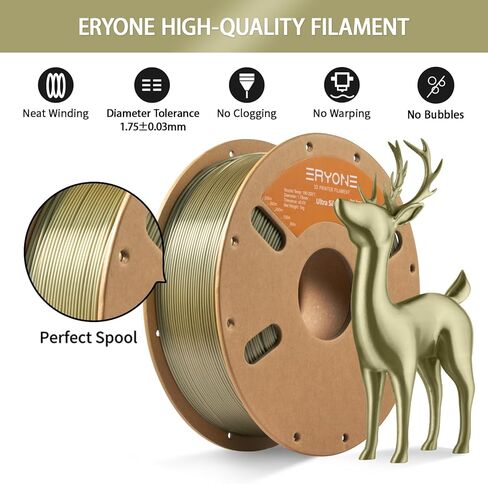 خيوط حرير ERYONE PLA+ 1.75 مم خيوط طابعة ثلاثية الأبعاد لامعة مطورة، لمسة نهائية لامعة، تناسب معظم الطباعة الثابتة لطابعات FDM، 1 كجم (2.2 رطل)/بكرة، ذهبي فاتح in Kuwait