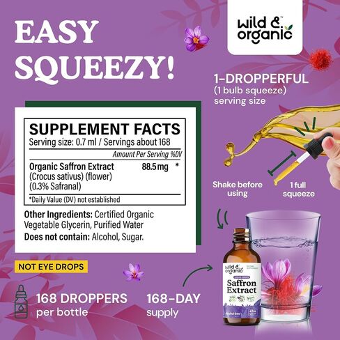Wild & Organic Saffron Tincture - 88.5 mg Saffron Extract Drops for Mood, Focus, Eye Support - Crocus Sativus Liquid Extract - Vegan, Alcohol & Sugar-Free Supplement - 4 fl oz in Saudi Arabia