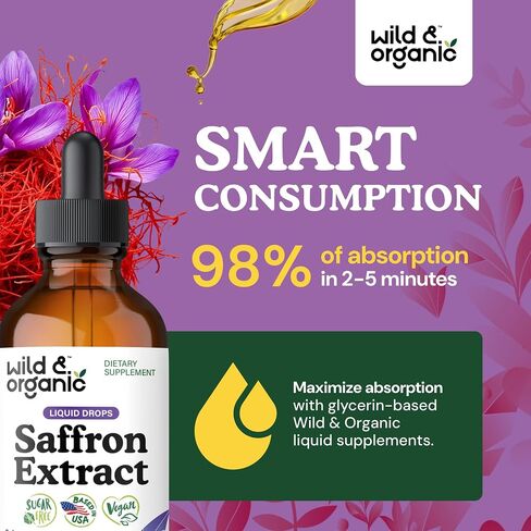 Wild & Organic Saffron Tincture - 88.5 mg Saffron Extract Drops for Mood, Focus, Eye Support - Crocus Sativus Liquid Extract - Vegan, Alcohol & Sugar-Free Supplement - 4 fl oz in Saudi Arabia