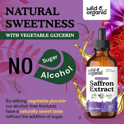 Wild & Organic Saffron Tincture - 88.5 mg Saffron Extract Drops for Mood, Focus, Eye Support - Crocus Sativus Liquid Extract - Vegan, Alcohol & Sugar-Free Supplement - 4 fl oz in Saudi Arabia