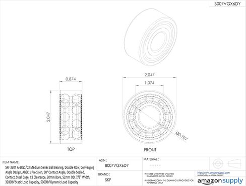 SKF 3304 A-2RS1/C3 Medium Series Ball Bearing, Double Row, Converging Angle Design, ABEC 1 Precision, 30° Contact Angle, Double Sealed, Contact, Steel Cage, C3 Clearance, 20mm Bore, 52mm OD, 7/8" Width, 3280lbf Static Load Capacity, 5060lbf Dynamic Load C in Saudi Arabia