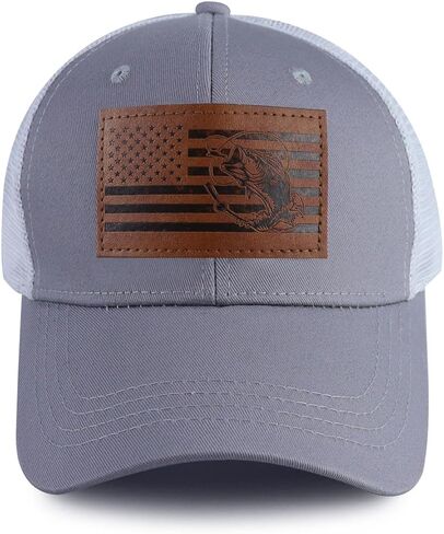 American Flag with Bass Trucker Hats for Men, Adjustable Leather Patch Mesh Fishing Baseball Cap in Kuwait
