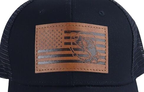 American Flag with Bass Trucker Hats for Men, Adjustable Leather Patch Mesh Fishing Baseball Cap in Kuwait