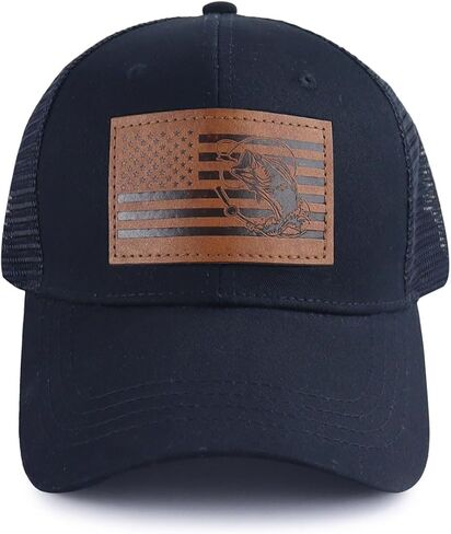 American Flag with Bass Trucker Hats for Men, Adjustable Leather Patch Mesh Fishing Baseball Cap in Kuwait