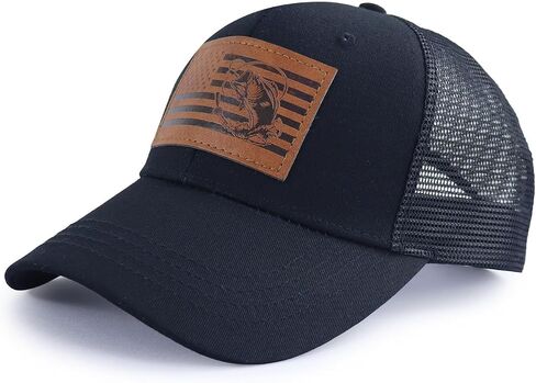American Flag with Bass Trucker Hats for Men, Adjustable Leather Patch Mesh Fishing Baseball Cap in Kuwait
