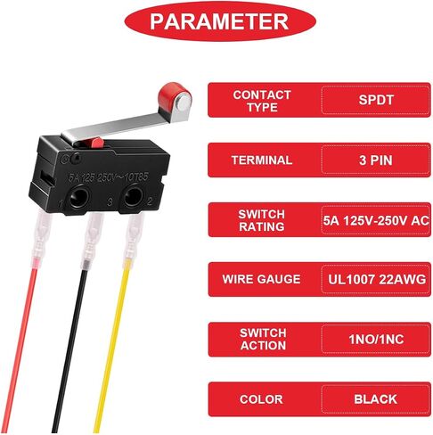 20Pcs Momentary Micro Limit Switch 5A 125V 250V AC SPDT 1NO 1NC 3Pin 19mm Short Hinge Roller Levr Arm Switch Snap Action Button Type with Terminal Wires for Electronic Product Home Appliance in Saudi Arabia
