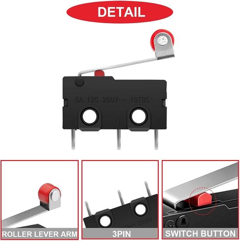 20Pcs Momentary Micro Limit Switch 5A 125V 250V AC SPDT 1NO 1NC 3Pin 19mm Short Hinge Roller Levr Arm Switch Snap Action Button Type with Terminal Wires for Electronic Product Home Appliance in Saudi Arabia