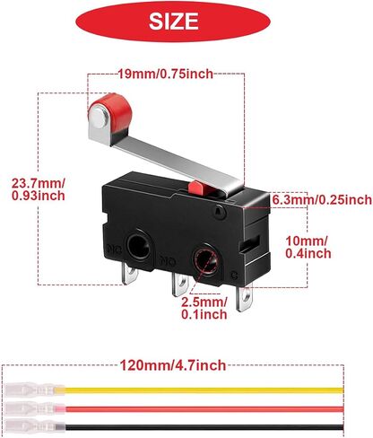 20Pcs Momentary Micro Limit Switch 5A 125V 250V AC SPDT 1NO 1NC 3Pin 19mm Short Hinge Roller Levr Arm Switch Snap Action Button Type with Terminal Wires for Electronic Product Home Appliance in Saudi Arabia