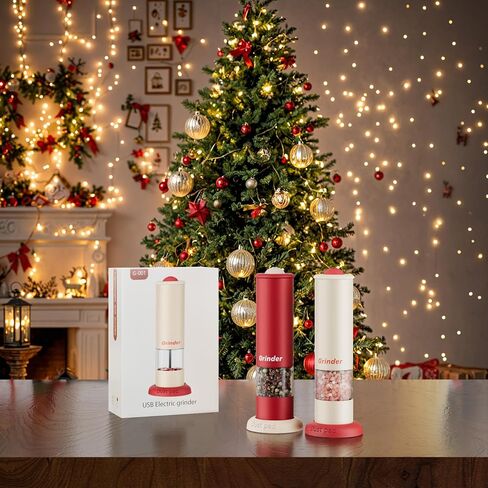 Electric Salt and Pepper Grinder Set, Modern Automatic Pepper Mill Rechargeable & Adjustable Salt Shaker with Storage Base - Festive Kitchen Gift for Home, BBQ, Camping (Beige-1pcs & Red-1pcs) in Saudi Arabia