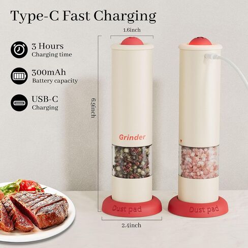 Electric Salt and Pepper Grinder Set, Modern Automatic Pepper Mill Rechargeable & Adjustable Salt Shaker with Storage Base - Festive Kitchen Gift for Home, BBQ, Camping (Beige-1pcs & Red-1pcs) in Saudi Arabia
