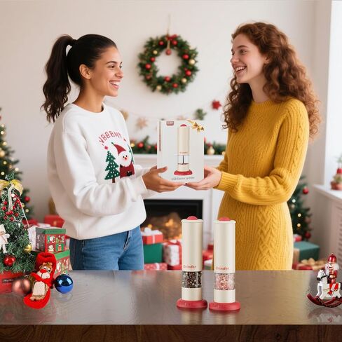 Electric Salt and Pepper Grinder Set, Modern Automatic Pepper Mill Rechargeable & Adjustable Salt Shaker with Storage Base - Festive Kitchen Gift for Home, BBQ, Camping (Beige-1pcs & Red-1pcs) in Saudi Arabia