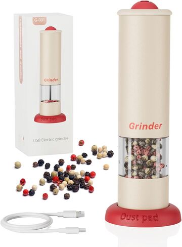 Electric Salt and Pepper Grinder Set, Modern Automatic Pepper Mill Rechargeable & Adjustable Salt Shaker with Storage Base - Festive Kitchen Gift for Home, BBQ, Camping (Beige-1pcs & Red-1pcs) in Saudi Arabia