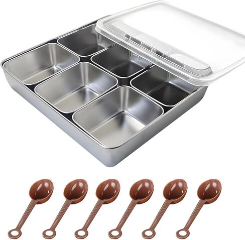 Homaisson 6 PCS Stainless Steel Condiment Boxes, Spice Container Set with Tray & Lid, Condiment Organizer with Spoons in Saudi Arabia