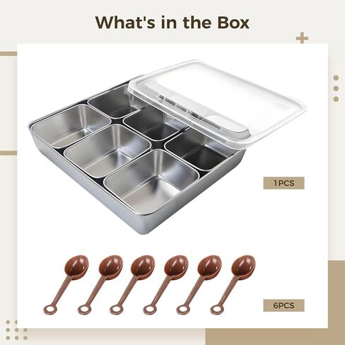 Homaisson 6 PCS Stainless Steel Condiment Boxes, Spice Container Set with Tray & Lid, Condiment Organizer with Spoons in Saudi Arabia