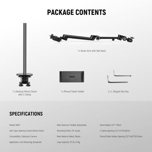 NEEWER Desk Stand with 2 Telescopic Boom Arms Phone Holder for Mic Camera Webcam Ring Light, Desktop Overhead Microphone Mount with C Clamp, Ball Heads, Screw Adapter, Cleaning Cloth, TL253A+DS001 in Saudi Arabia