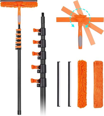 Window Squeegee with Carbon Fiber Extension Pole for Home, 3.5 to 12Ft Window Cleaning Kit Tool Outdoor, Lightweight Professional Window Washing Kit with Rotatable Head & 2 Scrubbers, 2 in 1 in Saudi Arabia