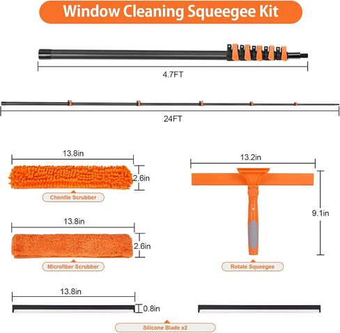 Window Squeegee with Carbon Fiber Extension Pole for Home, 3.5 to 12Ft Window Cleaning Kit Tool Outdoor, Lightweight Professional Window Washing Kit with Rotatable Head & 2 Scrubbers, 2 in 1 in Saudi Arabia