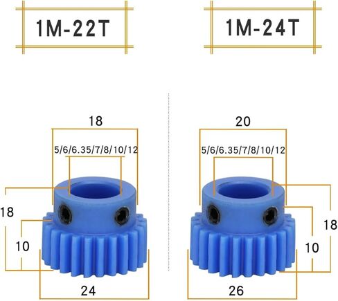 تروس النايلون 1M-22T/24T ارتفاع الأسنان 10 مم أسنان الملعب 3.14 ملم ترس محرك داخلي 5/6/6.35/7/8/10/12 مم أجزاء (8 مم ، 24 أسنان) in Kuwait