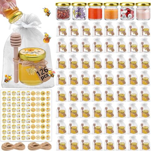 Aliggbent 48 Pack Mini Honey Jars Party Favors in Bulk, 1.5 oz Small Hexagon Glass Honey Jars with Dippers, Lids, Cute Stickers, Bee Charms, Gift Bags and Jute for Baby Showers, Weddings & Birthdays in Kuwait
