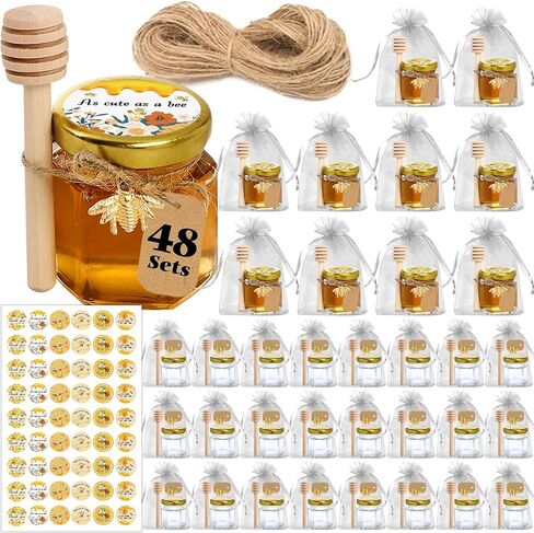 Aliggbent 48 Pack Mini Honey Jars Party Favors in Bulk, 1.5 oz Small Hexagon Glass Honey Jars with Dippers, Lids, Cute Stickers, Bee Charms, Gift Bags and Jute for Baby Showers, Weddings & Birthdays in Kuwait