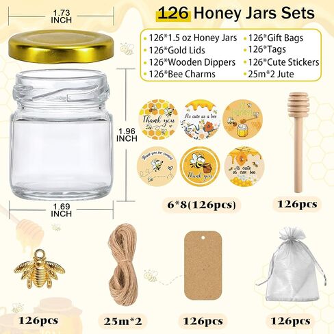 Aliggbent 48 Pack Mini Honey Jars Party Favors in Bulk, 1.5 oz Small Hexagon Glass Honey Jars with Dippers, Lids, Cute Stickers, Bee Charms, Gift Bags and Jute for Baby Showers, Weddings & Birthdays in Kuwait