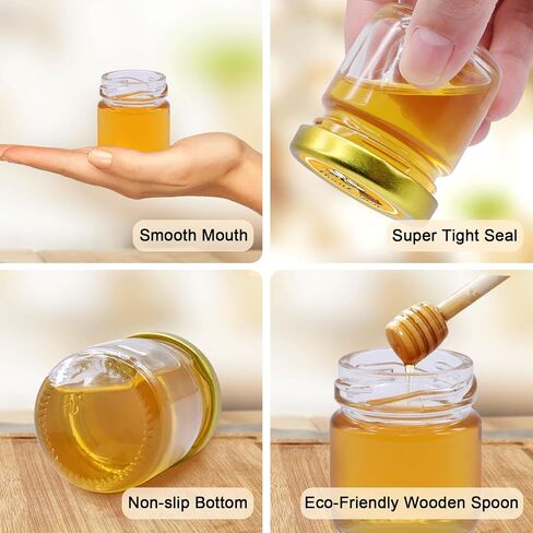 Aliggbent 48 Pack Mini Honey Jars Party Favors in Bulk, 1.5 oz Small Hexagon Glass Honey Jars with Dippers, Lids, Cute Stickers, Bee Charms, Gift Bags and Jute for Baby Showers, Weddings & Birthdays in Kuwait