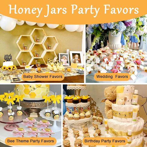 Aliggbent 48 Pack Mini Honey Jars Party Favors in Bulk, 1.5 oz Small Hexagon Glass Honey Jars with Dippers, Lids, Cute Stickers, Bee Charms, Gift Bags and Jute for Baby Showers, Weddings & Birthdays in Kuwait