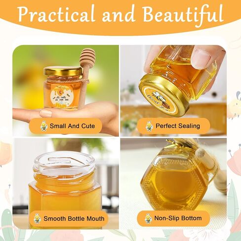 Aliggbent 48 Pack Mini Honey Jars Party Favors in Bulk, 1.5 oz Small Hexagon Glass Honey Jars with Dippers, Lids, Cute Stickers, Bee Charms, Gift Bags and Jute for Baby Showers, Weddings & Birthdays in Kuwait