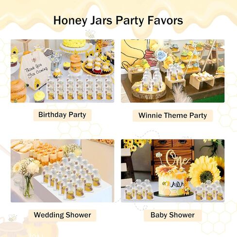 Aliggbent 48 Pack Mini Honey Jars Party Favors in Bulk, 1.5 oz Small Hexagon Glass Honey Jars with Dippers, Lids, Cute Stickers, Bee Charms, Gift Bags and Jute for Baby Showers, Weddings & Birthdays in Kuwait