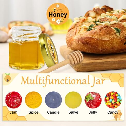 Aliggbent 48 Pack Mini Honey Jars Party Favors in Bulk, 1.5 oz Small Hexagon Glass Honey Jars with Dippers, Lids, Cute Stickers, Bee Charms, Gift Bags and Jute for Baby Showers, Weddings & Birthdays in Kuwait