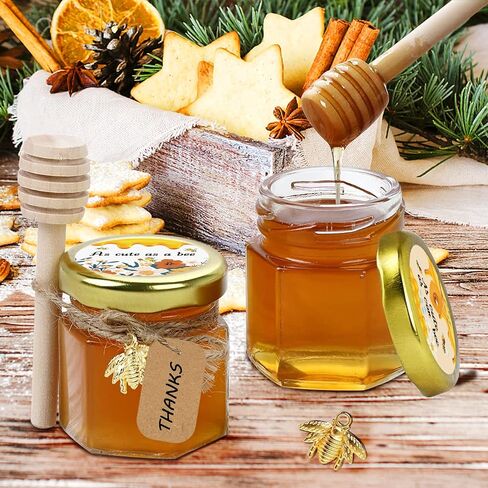 Aliggbent 48 Pack Mini Honey Jars Party Favors in Bulk, 1.5 oz Small Hexagon Glass Honey Jars with Dippers, Lids, Cute Stickers, Bee Charms, Gift Bags and Jute for Baby Showers, Weddings & Birthdays in Kuwait